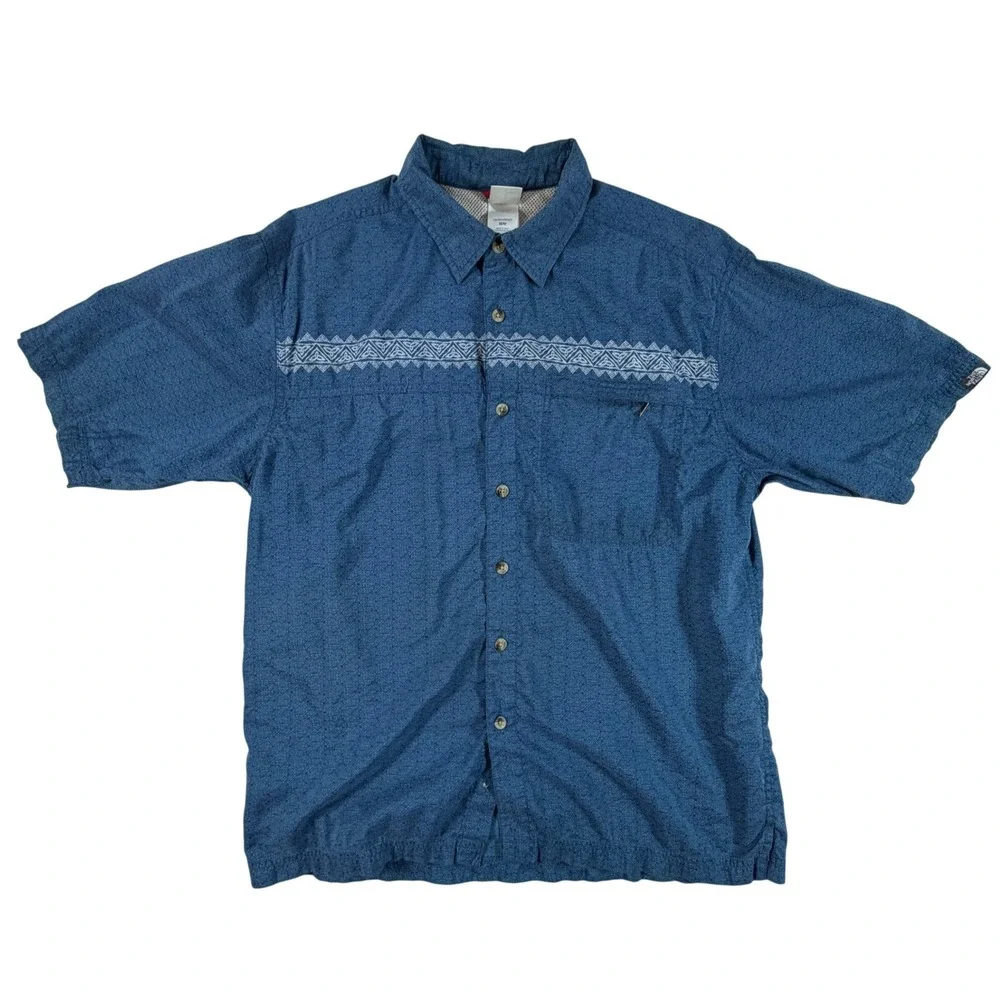 The North Face Mens Medium Blue Geometric Tribal Print Short Sleeve Button Shirt